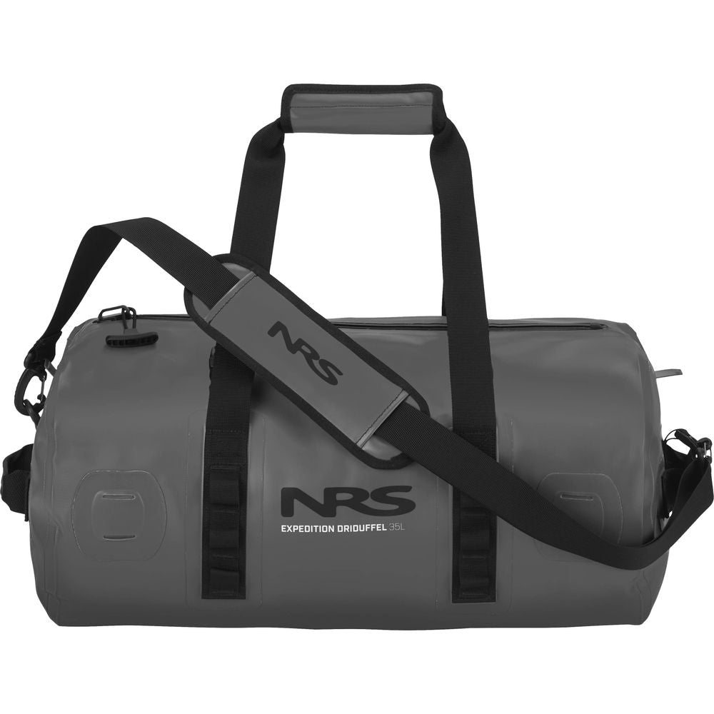 The NRS Expedition DriDuffel, in gray with black handles and a shoulder strap, features a TRU Zip closure. Made from PVC-free material, this waterproof duffel displays the logo and branding on the side.