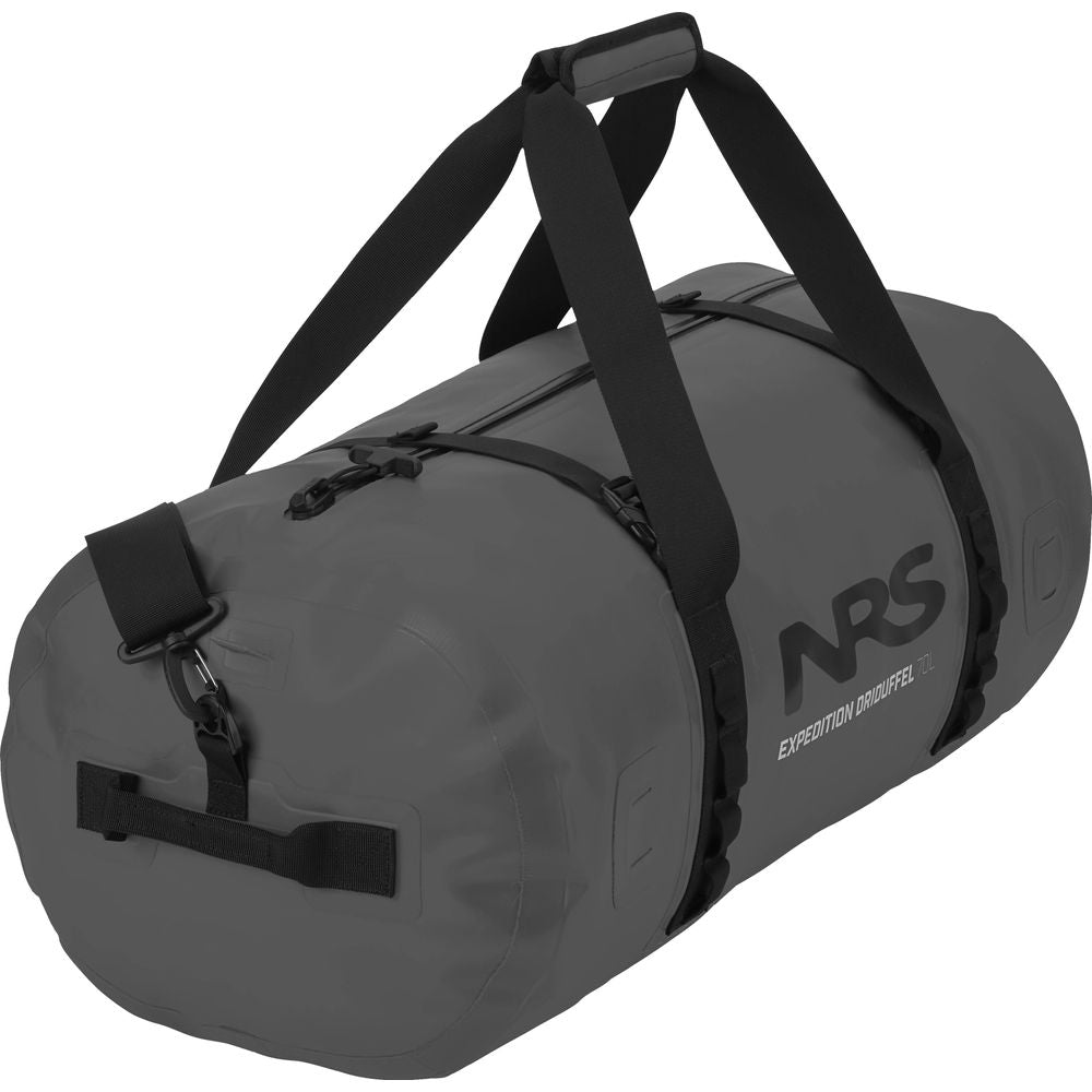 The NRS Expedition DriDuffel in gray skillfully merges sleek design with functionality, boasting black straps and a TRU Zip zipper for superior protection.