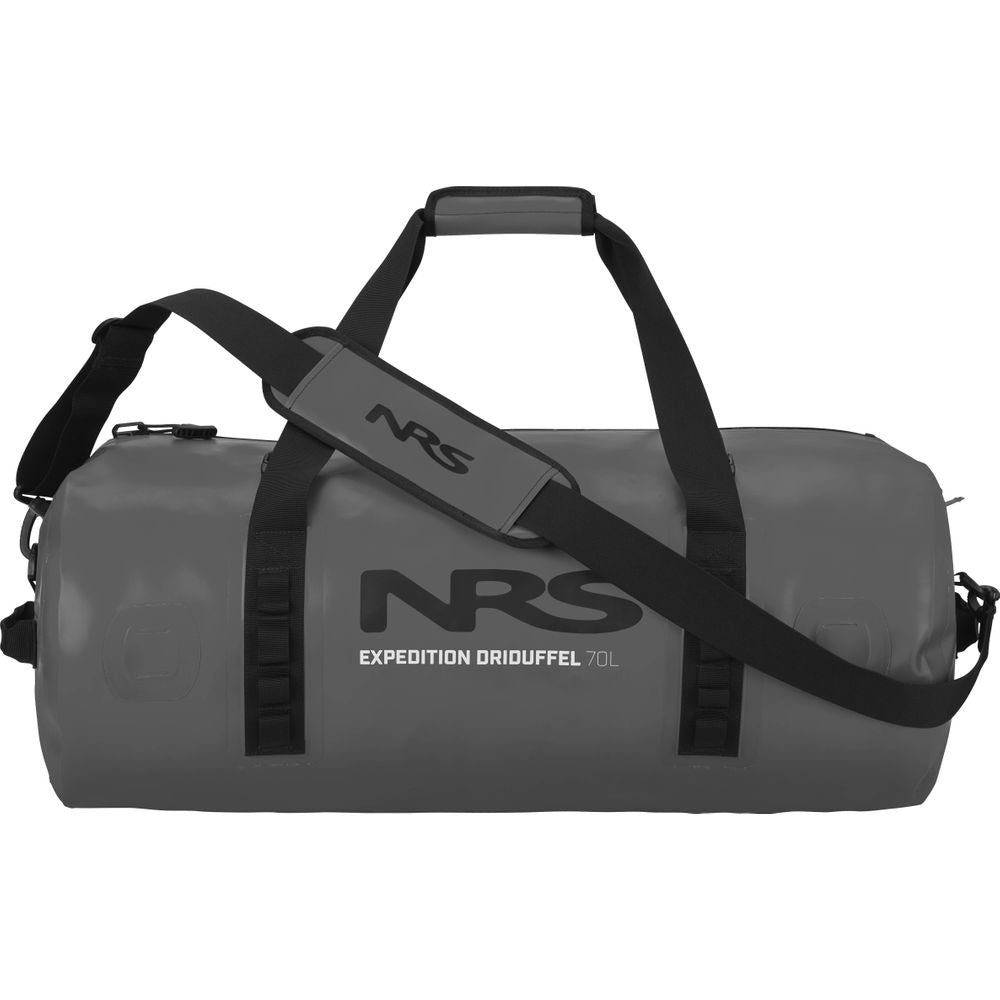 The NRS Expedition DriDuffel 70L in gray features black straps and a sleek "NRS" logo. With its waterproof design and TRU Zip zipper, this duffel ensures your gear stays dry on any adventure.