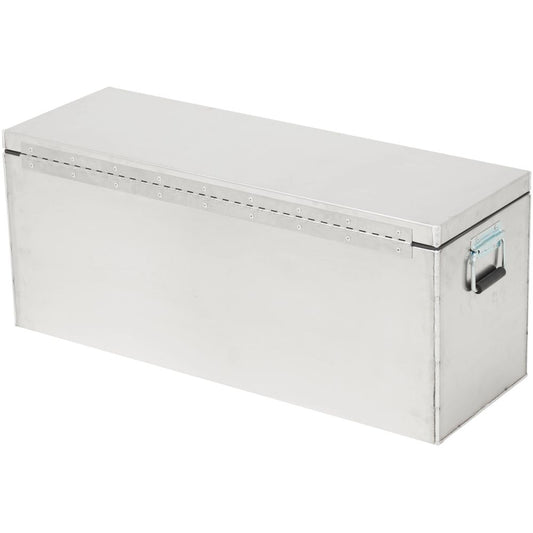 The NRS Raft Drybox is a rectangular aluminum storage box featuring a hinged lid and side handles, crafted from marine-grade aluminum for durable, watertight storage.