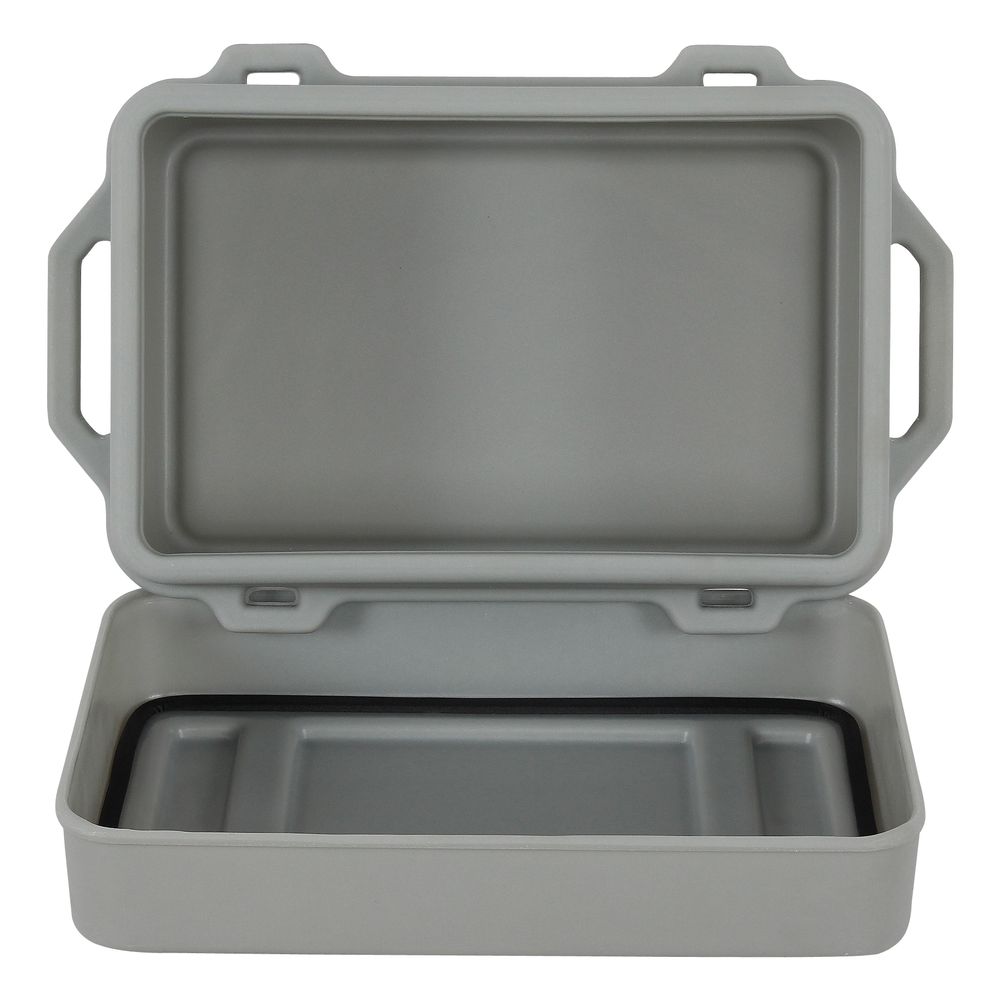 The NRS Boulder Dry Box is a durable gray rectangular container with a lid, side handles, and a black rubber seal. Its polyethylene construction offers reliable waterproof storage for any adventure.