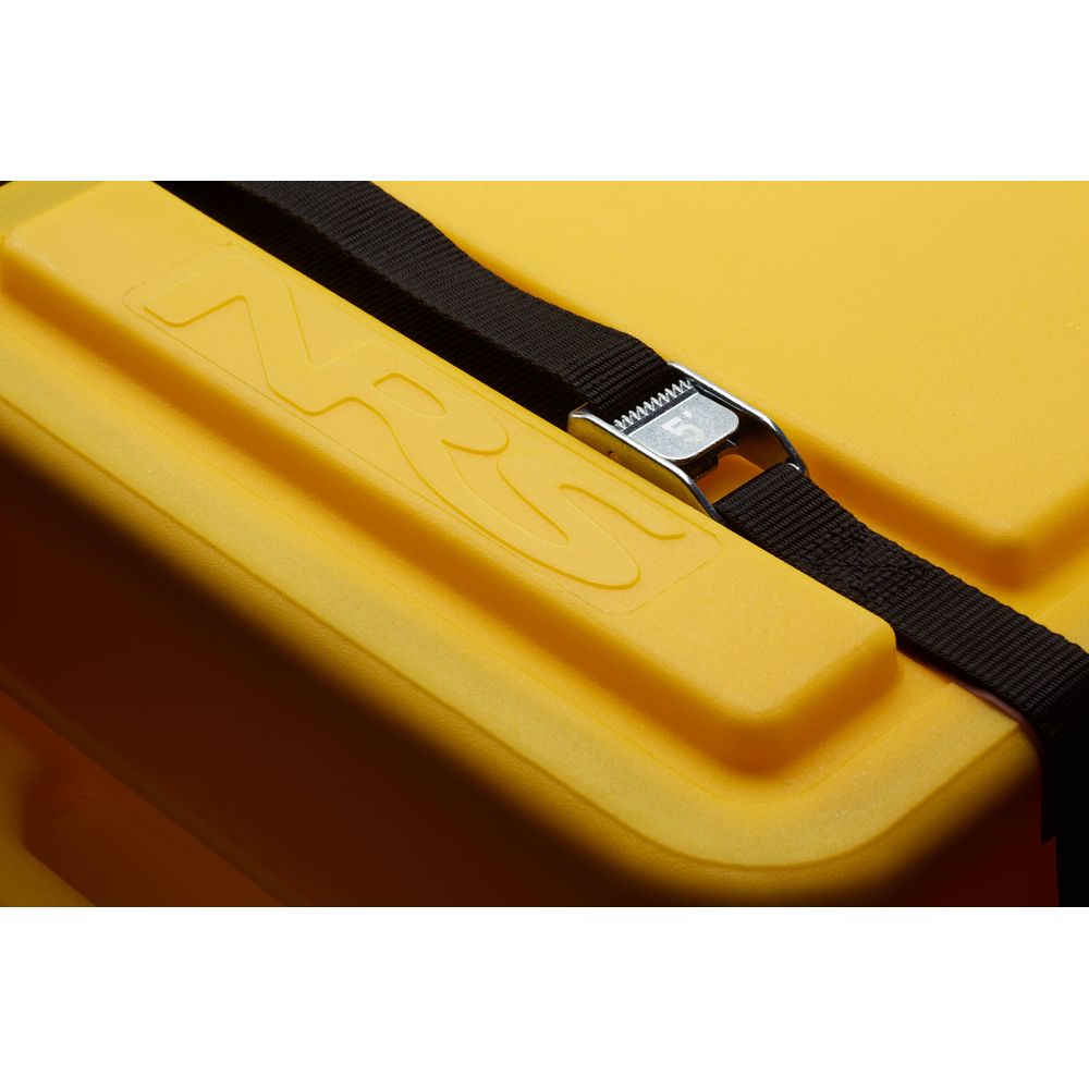 Close-up of the NRS Boulder Dry Box, a yellow cooler with a black strap and metallic buckle, showcasing its durable polyethylene build. Ideal for waterproof storage or use as a camping dry box.
