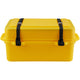 The NRS Boulder Dry Box is a yellow rectangular plastic container with two black straps and side handles, expertly crafted from durable polyethylene. It's ideal for camping as it offers waterproof storage to ensure your essentials are safe and secure in any environment.