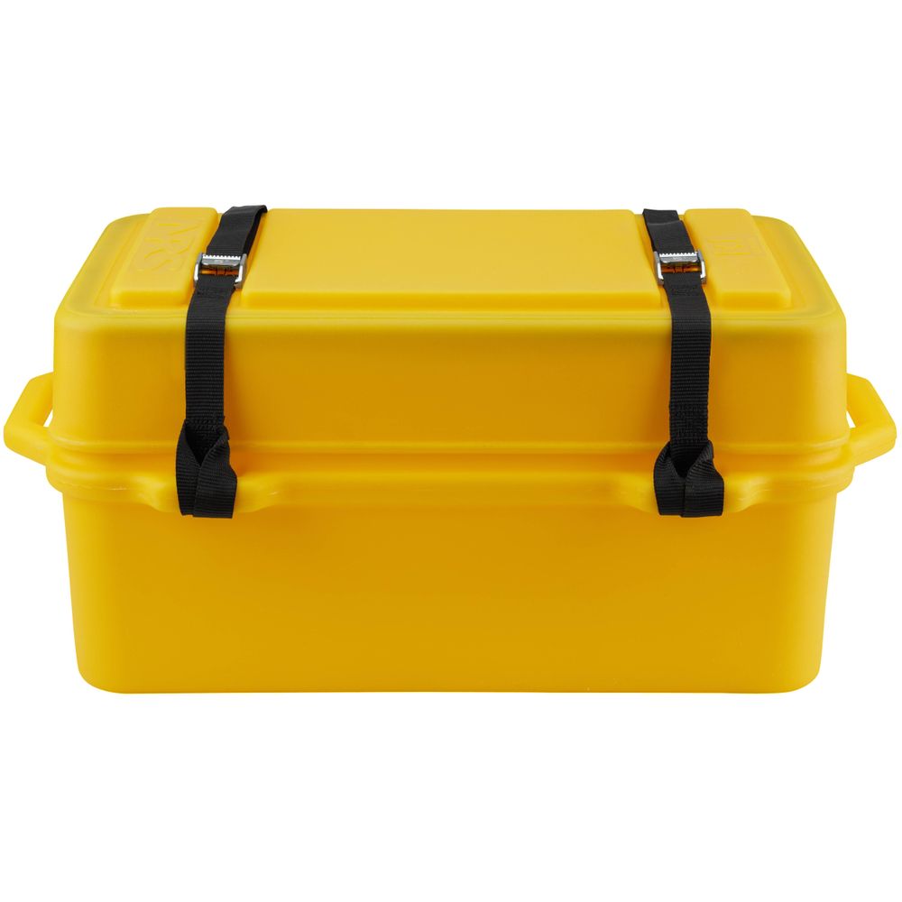 The NRS Boulder Dry Box is a yellow rectangular plastic container with two black straps and side handles, expertly crafted from durable polyethylene. It's ideal for camping as it offers waterproof storage to ensure your essentials are safe and secure in any environment.