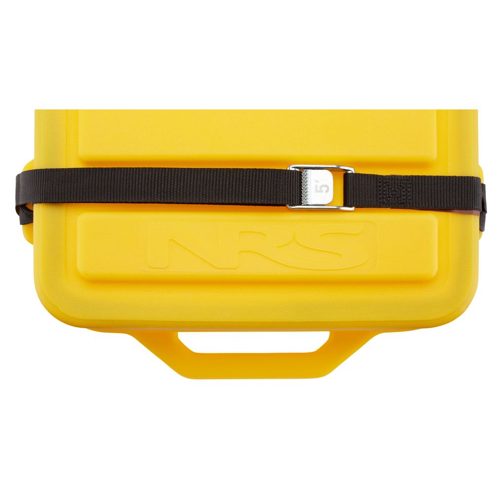 The Boulder Dry Box by NRS is yellow, featuring a black strap and silver buckle across the front. It is constructed from polyethylene for waterproof storage, making it perfect for camping adventures.