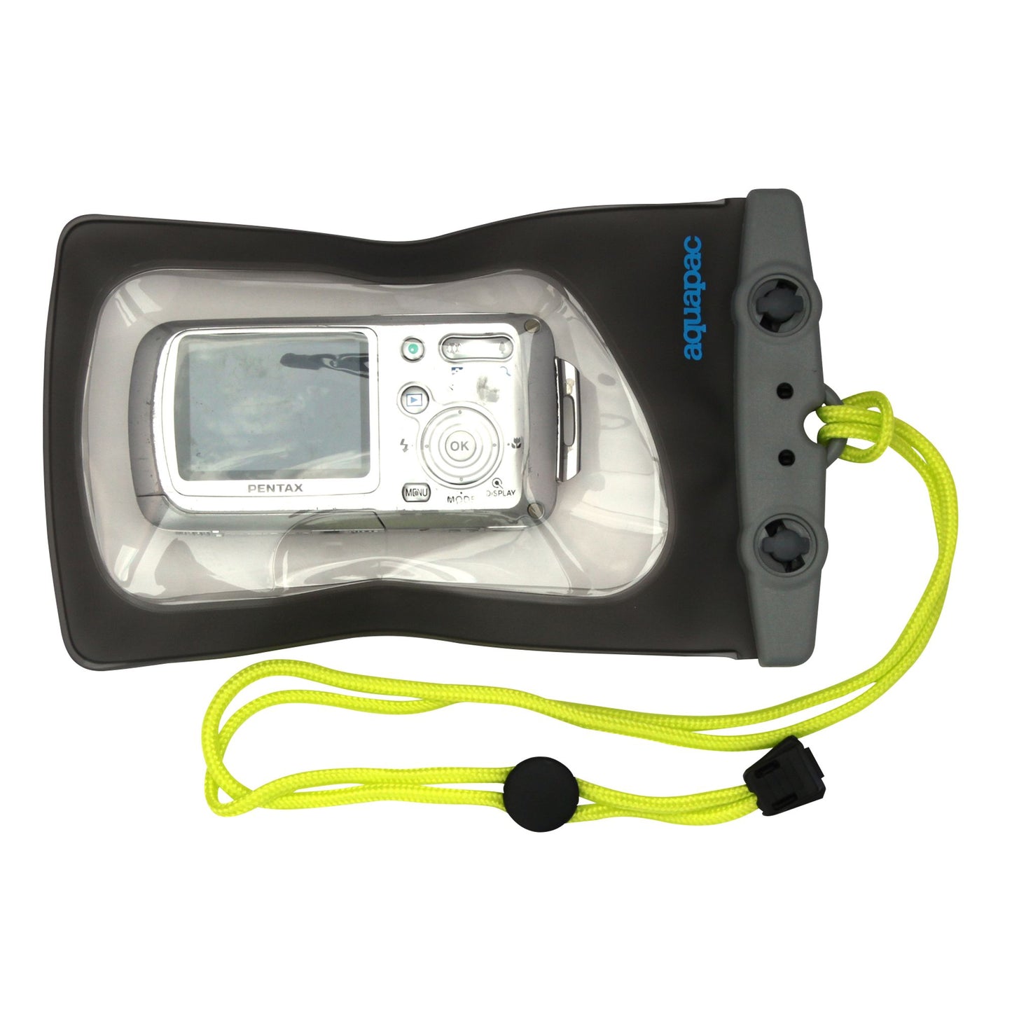 An Aquapac waterproof mini camera case for a small digital camera.