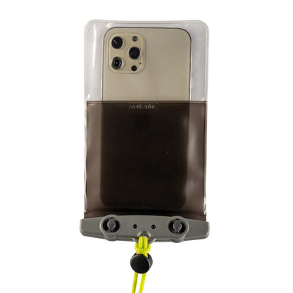 The Aquapac Waterproof Plus Phone Case by Aquapac features an IPX8 waterproof rating, a transparent front, gray bottom, and yellow lanyard—perfect for keeping your smartphone protected.
