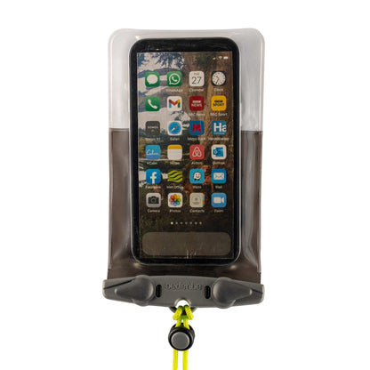 A smartphone inside the Aquapac Waterproof Plus Phone Case by Aquapac, featuring a secure clip, IPX8 waterproof protection, transparency, and a yellow cord.