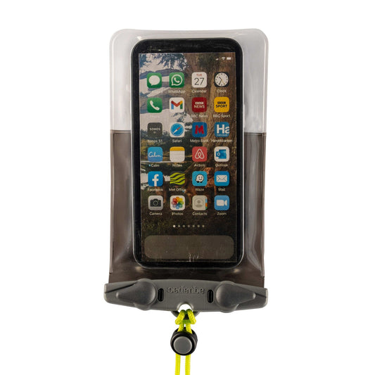 A smartphone inside the Aquapac Waterproof Plus Phone Case by Aquapac, featuring a secure clip, IPX8 waterproof protection, transparency, and a yellow cord.