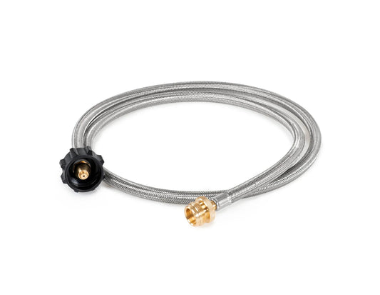 The GSI Outdoors Propane Adapter Hose is a durable stainless steel hose featuring a black plastic connector and brass fitting, neatly coiled on a white background—ideal for your camp stove.
