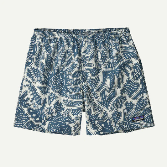 The Patagonia Baggies Boardshorts 5in are blue and white patterned, quick-drying swim shorts with an elastic waistband and a small logo on the left leg.