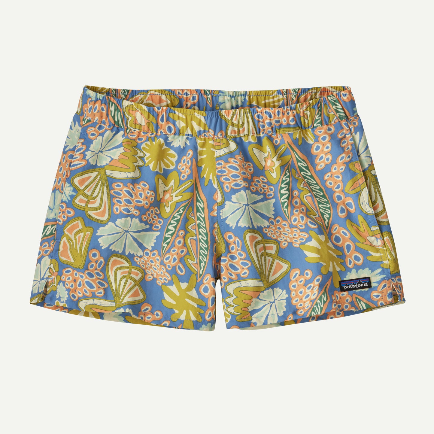 Patagonia's Baggies Shorts 2.5 in. for women feature vibrant floral and geometric patterns in green, yellow, orange, and blue. They're crafted from recycled nylon materials.
