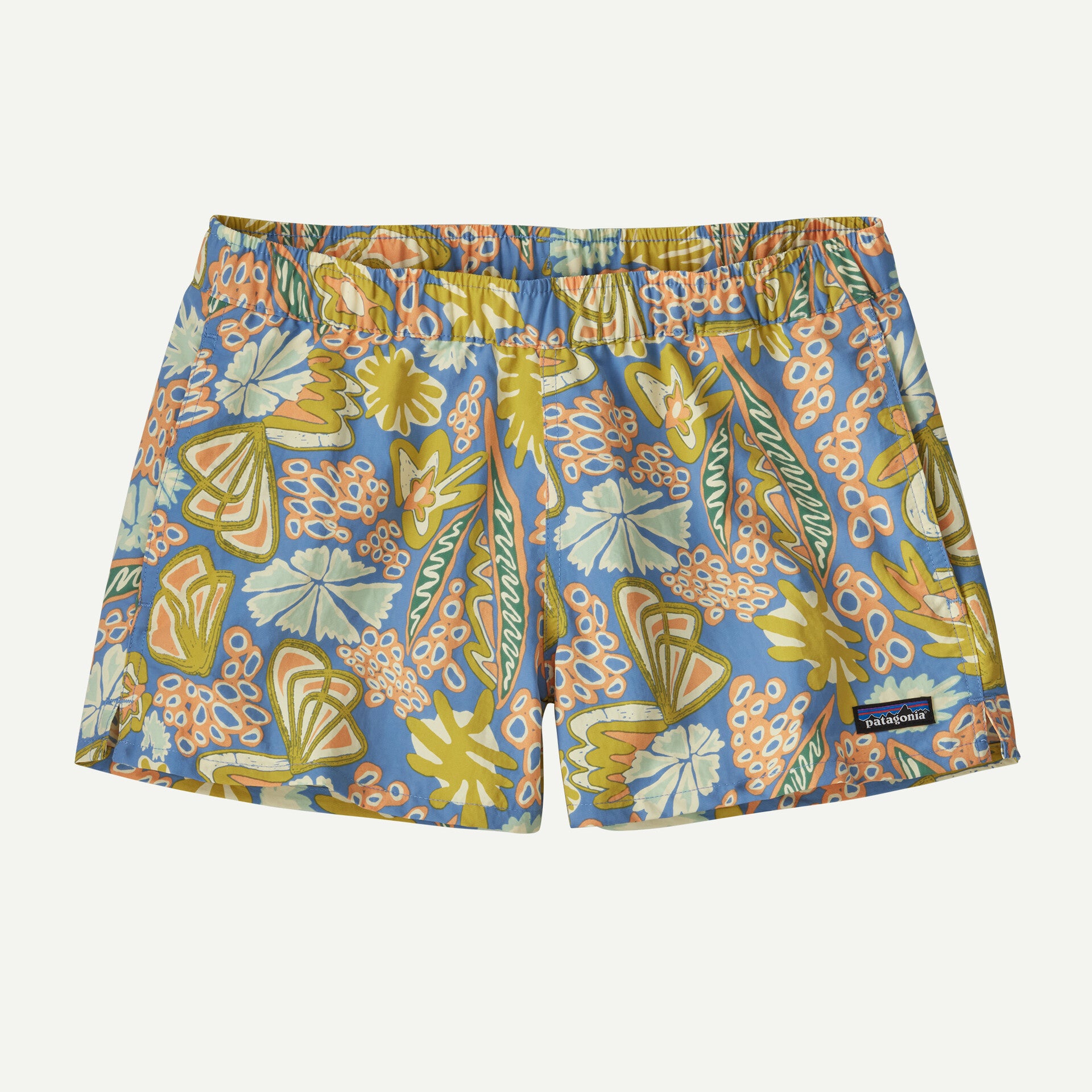Patagonia's Baggies Shorts 2.5 in. for women feature vibrant floral and geometric patterns in green, yellow, orange, and blue. They're crafted from recycled nylon materials.
