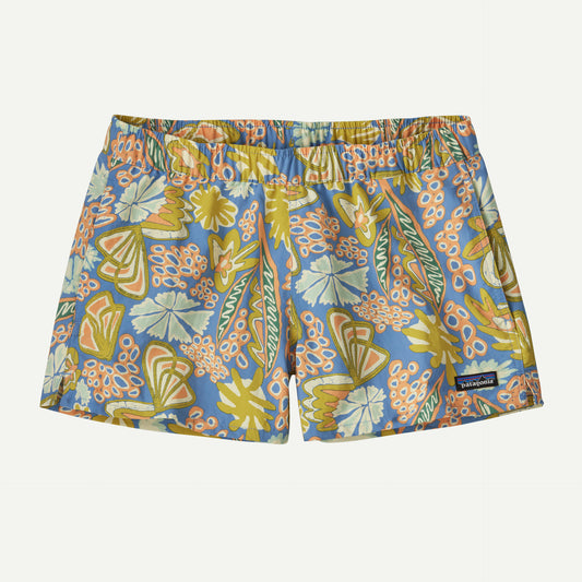 Patagonia's Baggies Shorts 2.5 in. for women feature vibrant floral and geometric patterns in green, yellow, orange, and blue. They're crafted from recycled nylon materials.
