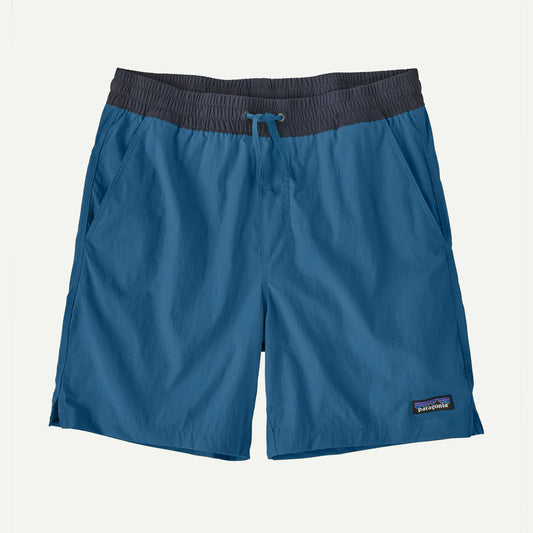 Patagonia M's Baggies Lights - 6 in athletic shorts feature quick-drying recycled nylon, a dark gray elastic waistband with drawstring, side pockets, and a small logo patch near the left hem.