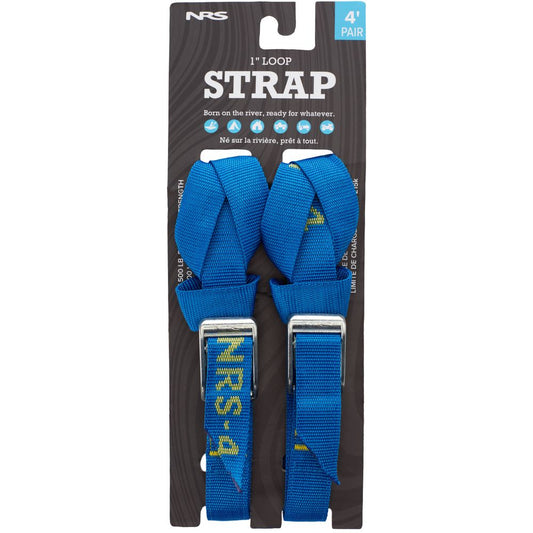 Packaging for a pair of 4-foot blue HD Loop Straps by NRS, featuring metal buckles and labeled "Born on the river, ready for whatever." These sturdy straps are built to tackle any adventure.