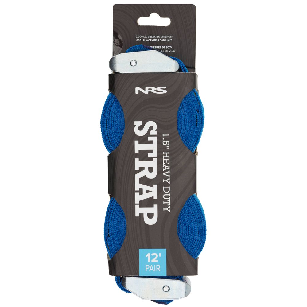 The NRS Heavy Duty 1.5in Wide Cam Straps feature a blue strap with a silver cam buckle, measuring 12 feet in length, and are packaged for durability.