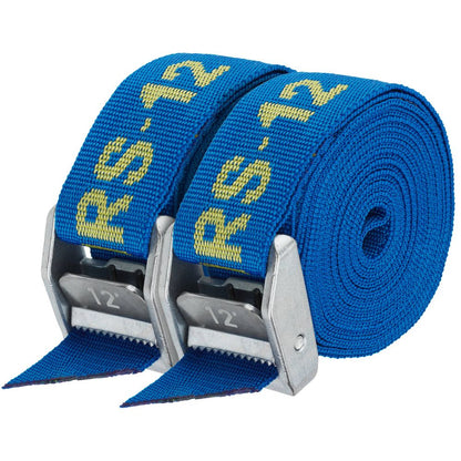 Two NRS Heavy Duty 1.5in Wide Cam Straps with heavy-duty metal buckles feature "RS-12" in yellow on blue.