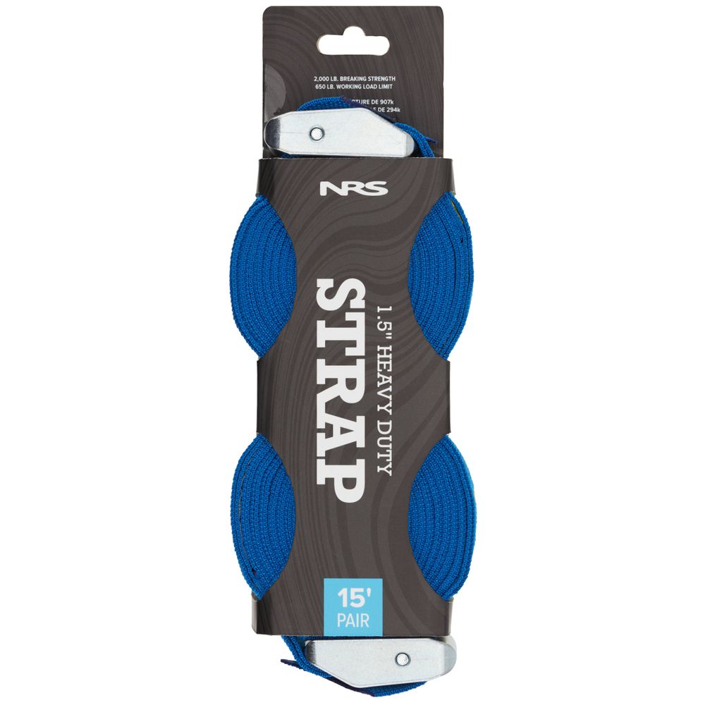 Pair of blue NRS heavy-duty 1.5" wide cam straps with strong metal buckles, packaged in a sleek black and gray NRS-branded wrapper.