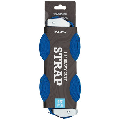 Pair of blue NRS heavy-duty 1.5" wide cam straps with strong metal buckles, packaged in a sleek black and gray NRS-branded wrapper.