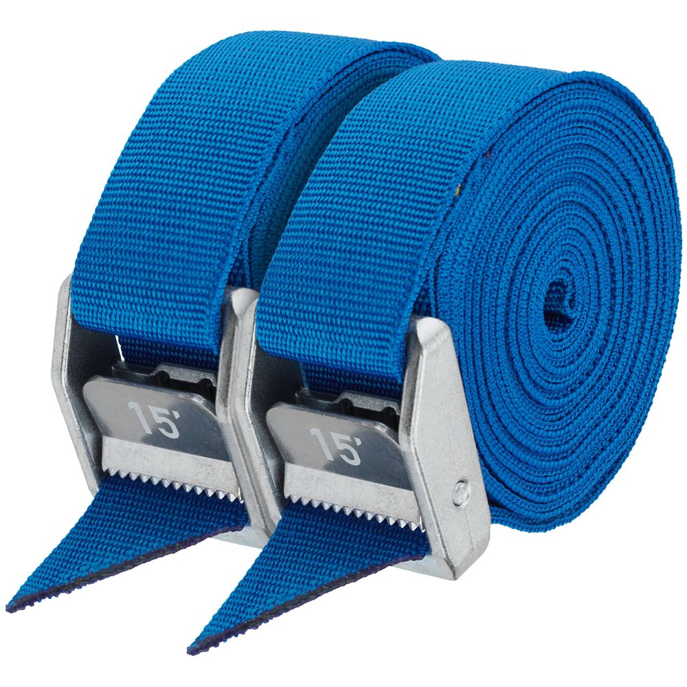 Two Heavy Duty 1.5in Wide Cam Straps by NRS, in blue nylon with heavy-duty silver buckles, marked "15'.