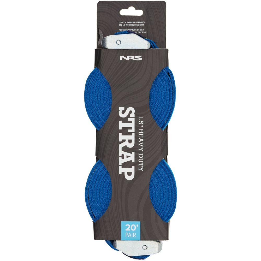 NRS Heavy Duty 1.5" Cam Straps, 20' pair in blue, are showcased on a gray background with text highlighting their length and strength specifications, featuring a sturdy buckle for secure tie-downs.