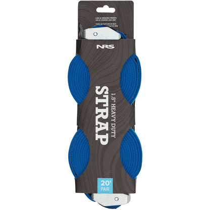NRS Heavy Duty 1.5" Cam Straps, 20' pair in blue, are showcased on a gray background with text highlighting their length and strength specifications, featuring a sturdy buckle for secure tie-downs.