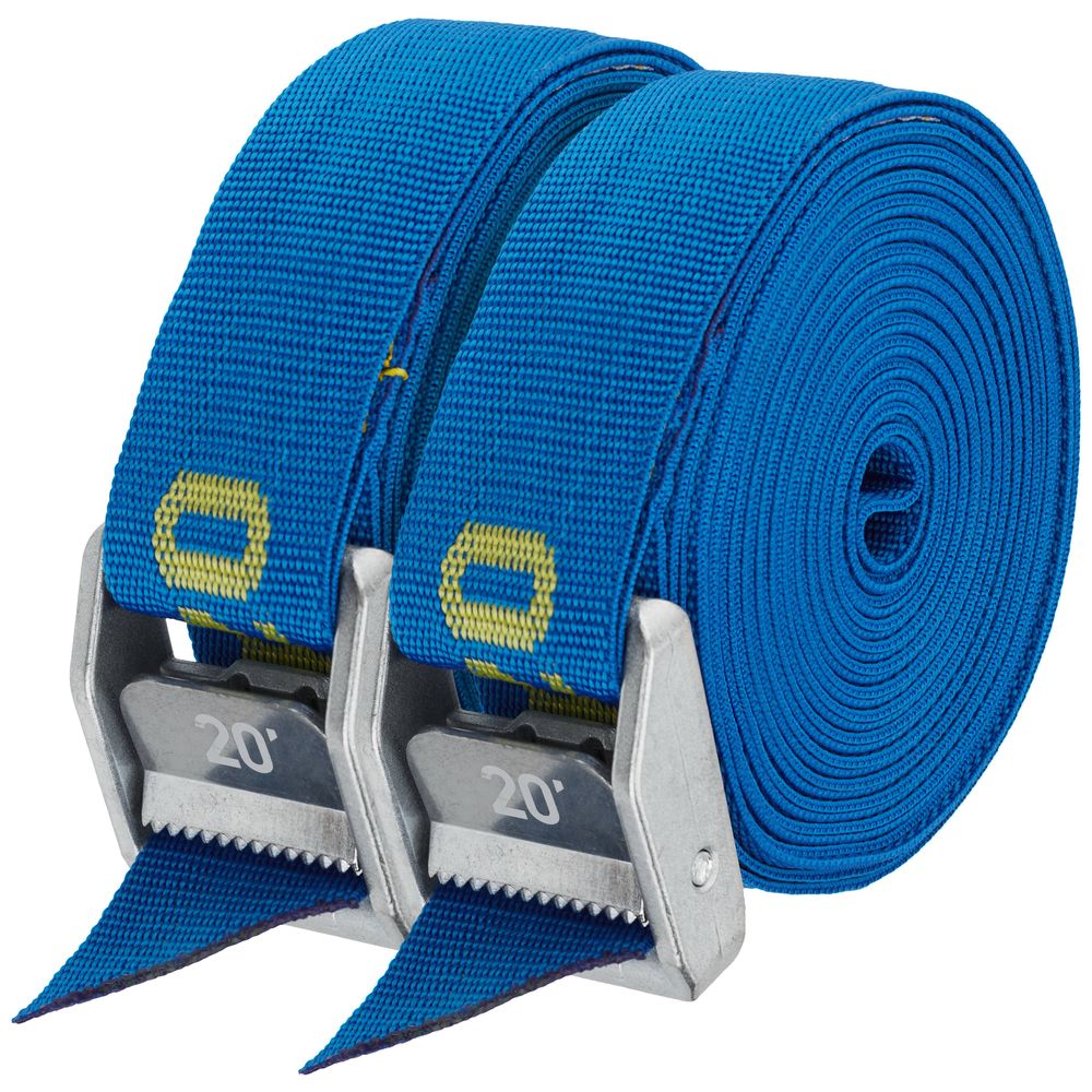 Two rolled blue tie-down straps from the NRS Heavy Duty 1.5in Wide Cam Straps collection, each featuring robust buckles and marked "20'.