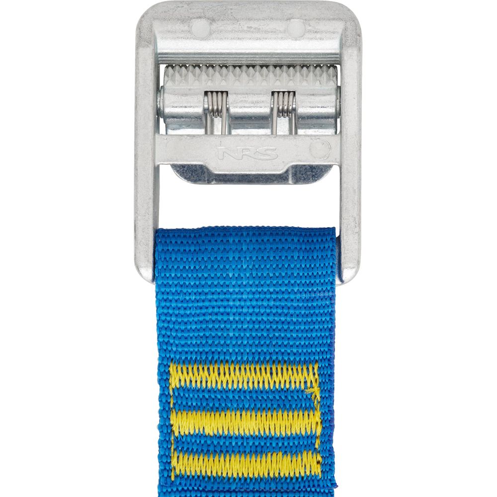 The NRS Heavy Duty 1.5in Wide Cam Straps feature a blue nylon strap with yellow stitching and a robust silver metal cam buckle.