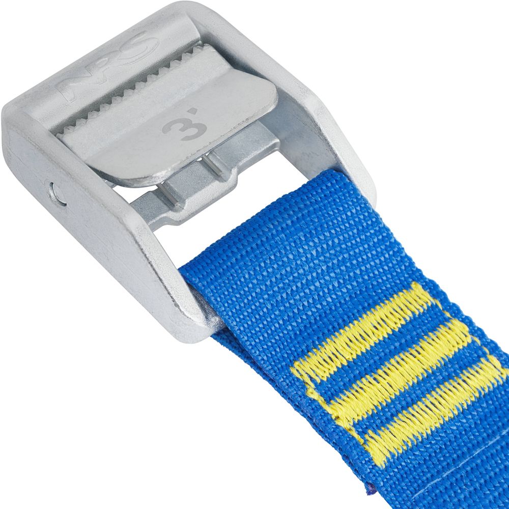 Close-up of a Heavy Duty 1.5in Wide NRS Cam Strap, featuring yellow stitching on a blue strap, secured by a silver buckle marked with "3'".