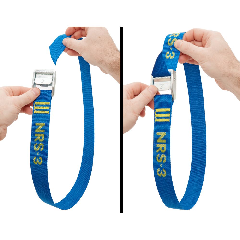Hands demonstrating how to adjust an NRS Heavy Duty 1.5in Wide Cam Strap in blue with a durable metal buckle, featuring "NRS 3" printed in yellow.