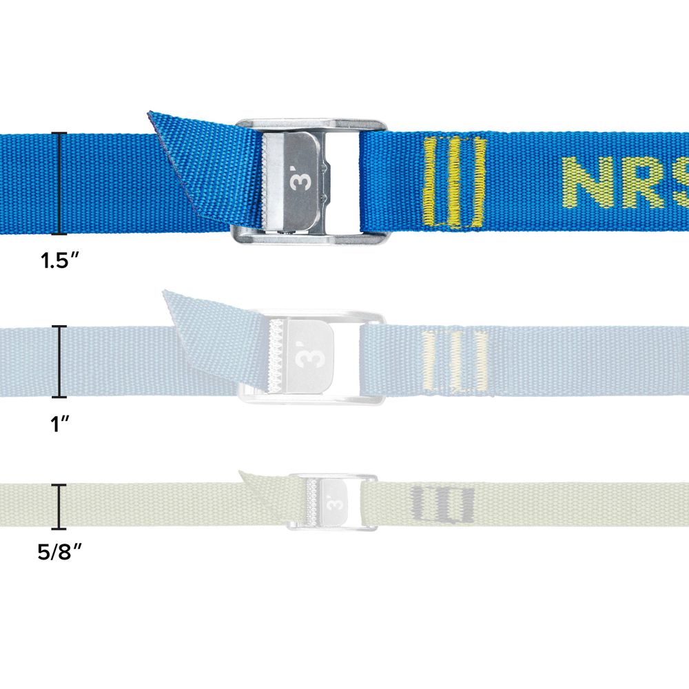 Comparison of three NRS cam straps in blue, featuring heavy-duty buckles, sized at 1.5 inches, 1 inch, and 5/8 inch wide against a white background.