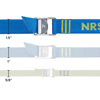 Comparison of three NRS cam straps in blue, featuring heavy-duty buckles, sized at 1.5 inches, 1 inch, and 5/8 inch wide against a white background.