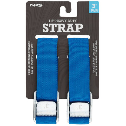 The packaging includes two NRS Heavy Duty 1.5in Wide Cam Straps in blue, featuring durable metal buckles with a 650 lb working load limit and 2000 lb breaking strength.