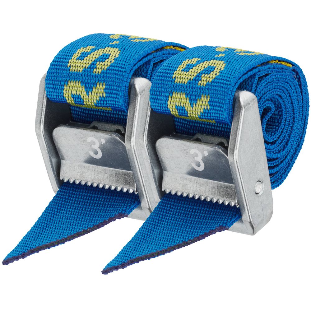 The NRS Heavy Duty 1.5in Wide Cam Straps come in blue with metal clasps and yellow designs, ideal as tie-down straps. Each strap is marked with the number 3.