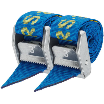 The NRS Heavy Duty 1.5in Wide Cam Straps come in blue with metal clasps and yellow designs, ideal as tie-down straps. Each strap is marked with the number 3.