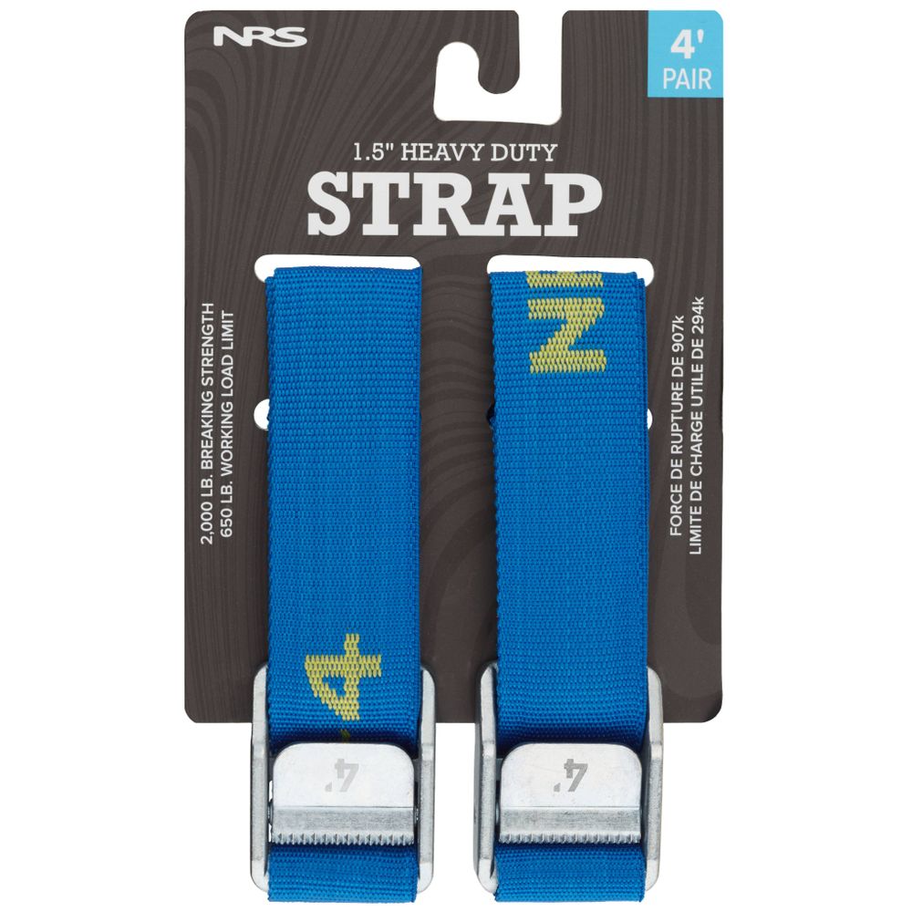 The NRS Heavy Duty 1.5in Wide Cam Straps are blue tie-downs with heavy-duty buckles, 4 ft long, offering a 2000 lb breaking strength and a 665 lb working load limit.