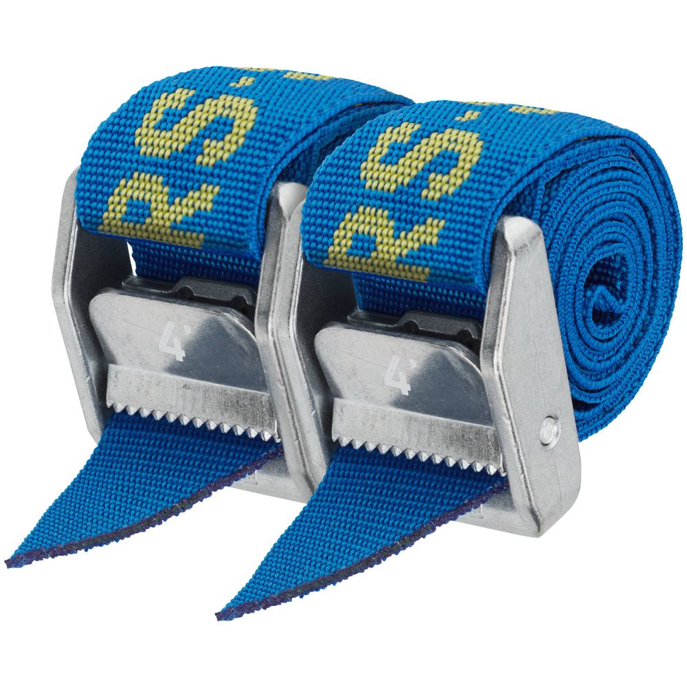 Two NRS Heavy Duty 1.5in Wide Cam Straps are shown neatly coiled with blue bands and heavy-duty metal buckles, featuring yellow lettering.