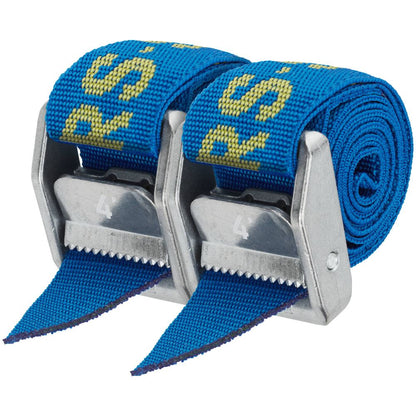 Two NRS Heavy Duty 1.5in Wide Cam Straps are shown neatly coiled with blue bands and heavy-duty metal buckles, featuring yellow lettering.