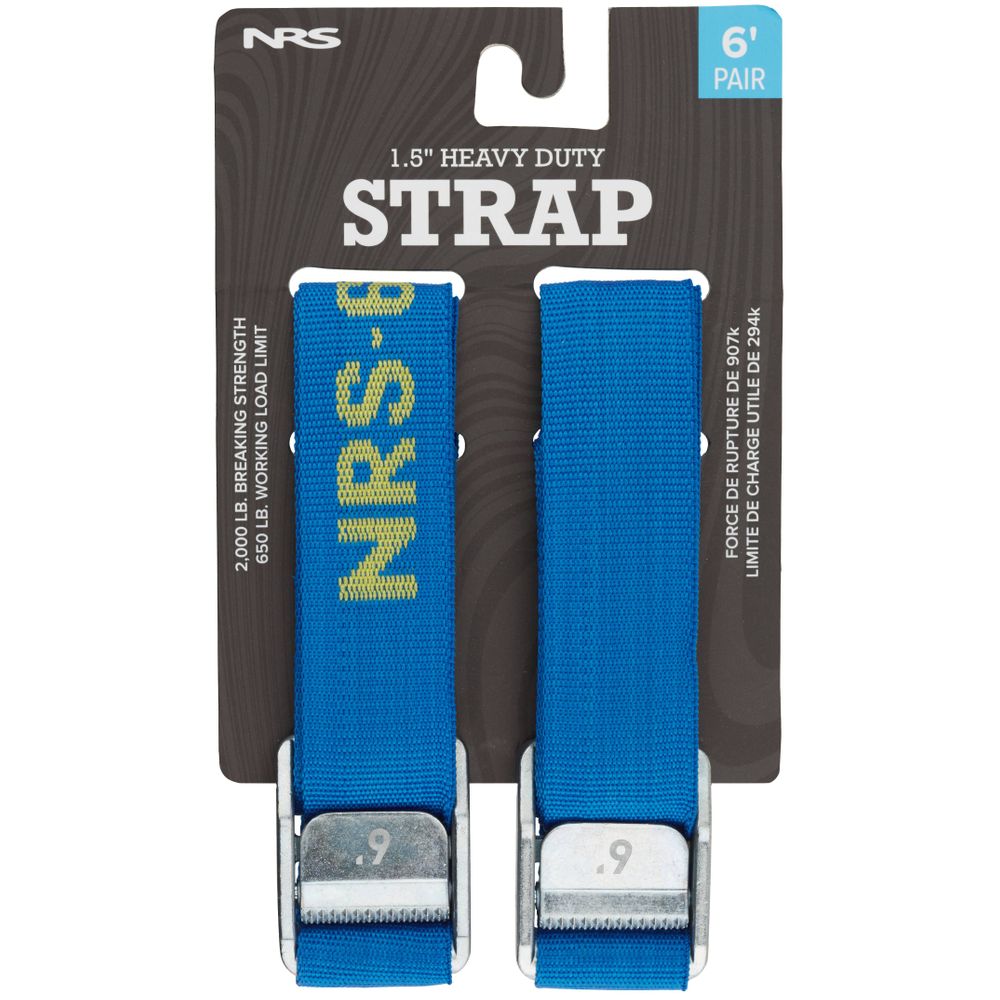 NRS's Heavy Duty 1.5in Wide Cam Straps come in sleek packaging, featuring silver heavy-duty buckles with a 2000 lb breaking strength and a 650 lb working load limit.