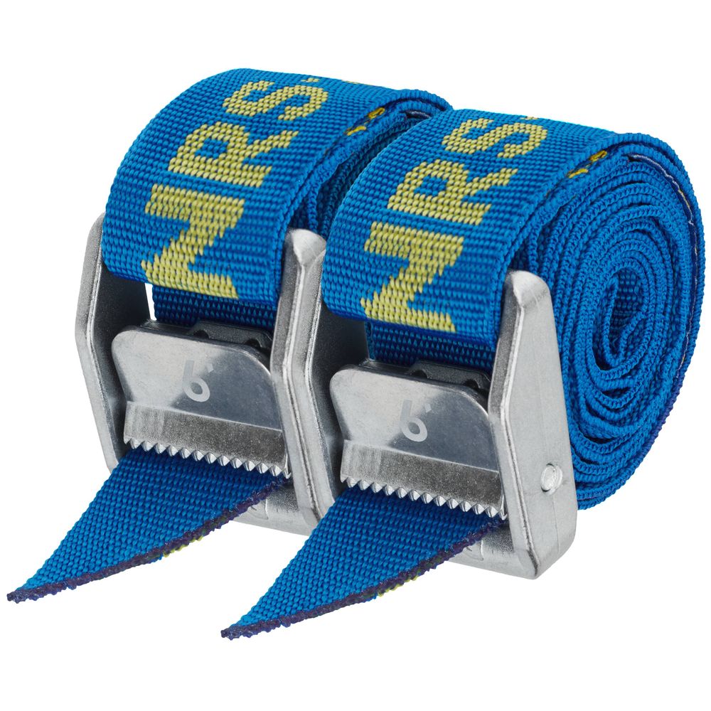 Two Heavy Duty 1.5in Wide Cam Straps in blue nylon with metal buckles, featuring the yellow "NRS" logo.