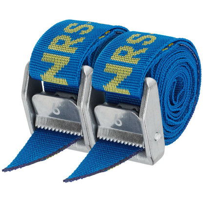Two Heavy Duty 1.5in Wide Cam Straps in blue nylon with metal buckles, featuring the yellow "NRS" logo.