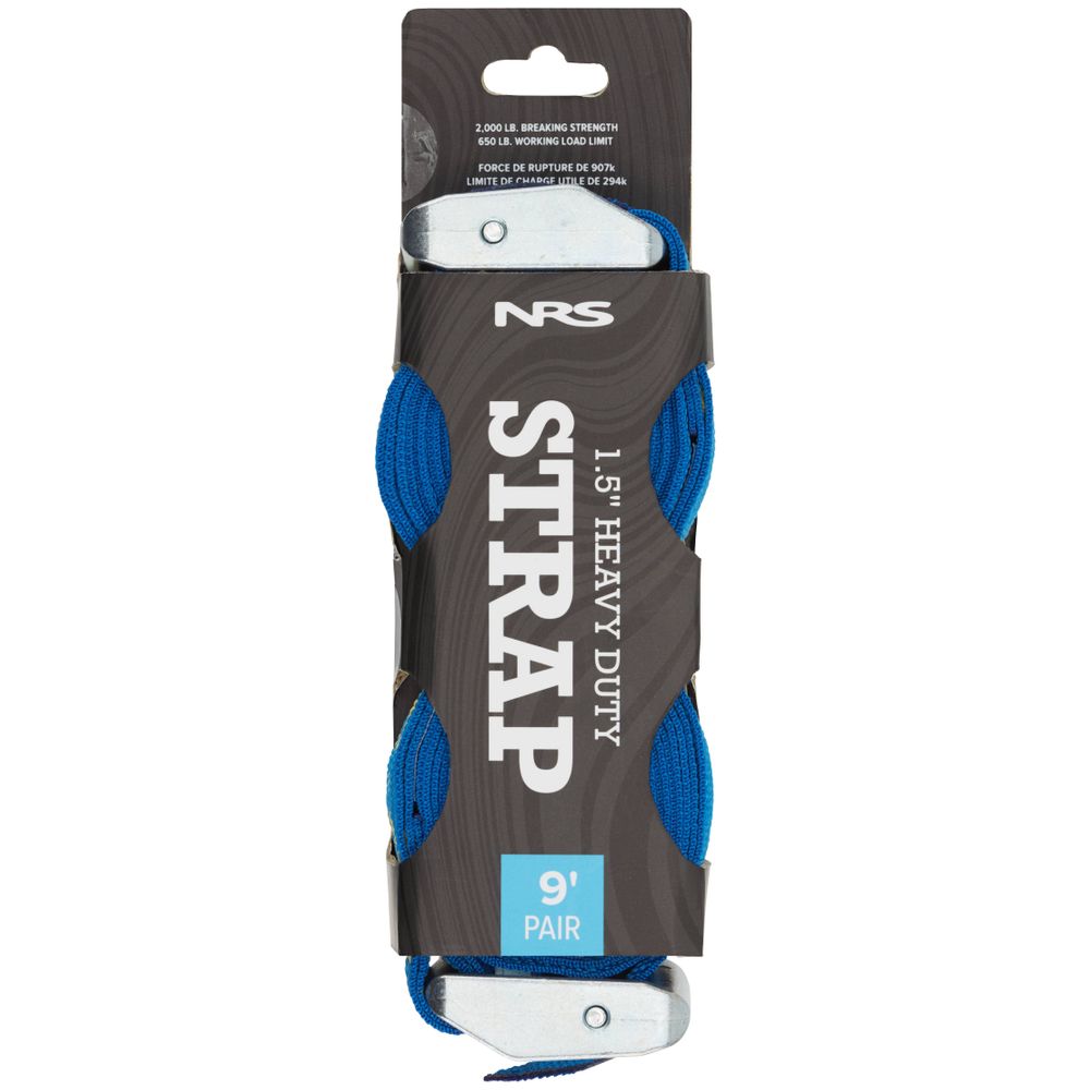 Package of NRS Heavy Duty 1.5in Wide Cam Straps, 9-foot long and blue, featuring a robust cam strap buckle with a breaking strength of 2,000 lbs.