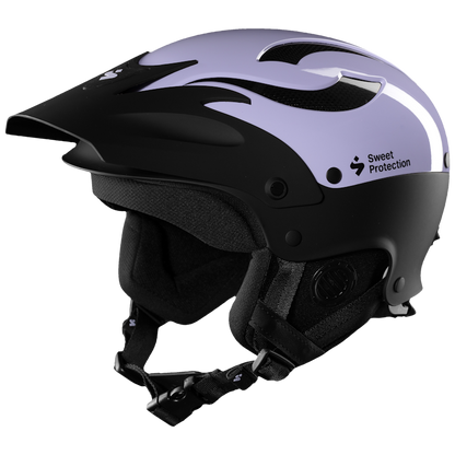 The Rocker Helmet by Sweet Protection is a purple and black protective helmet with TLC Shell Technology, an adjustable chin strap, and the brand's logo on the side, providing top-notch safety and style for your whitewater adventures.