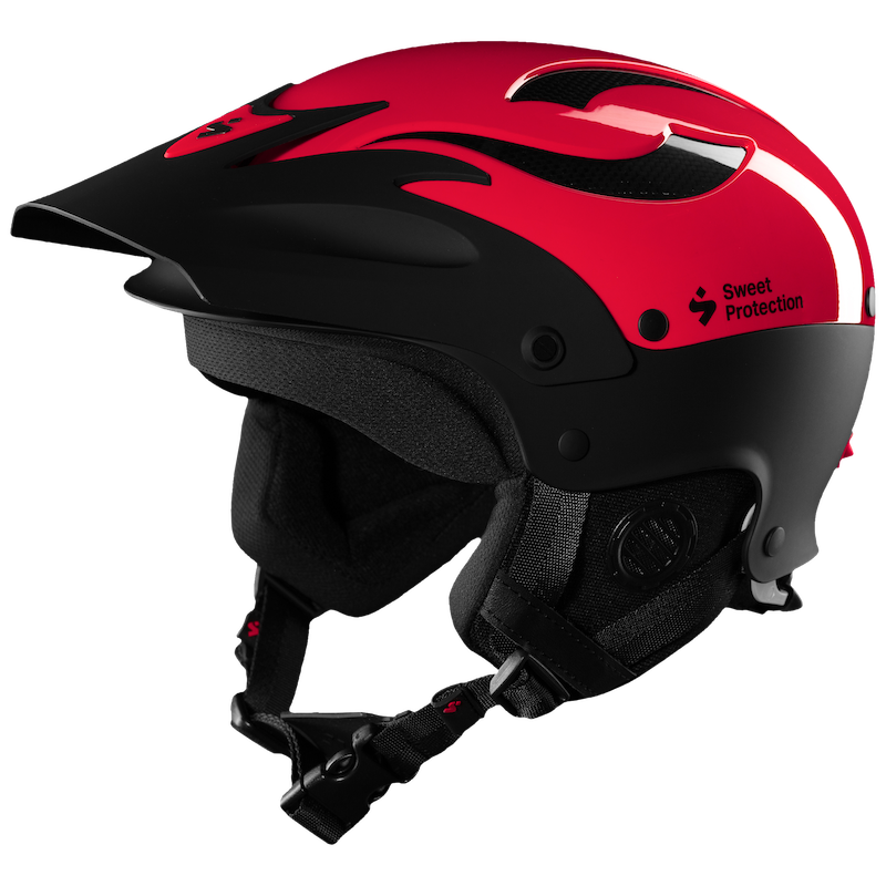 A red and black Rocker Helmet with Sweet Shell Technology on a black background.