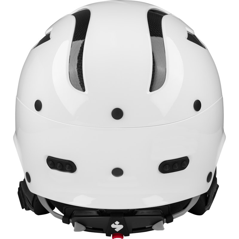 A white Rocker Helmet on a black background featuring TLC Shell Technology by Sweet.