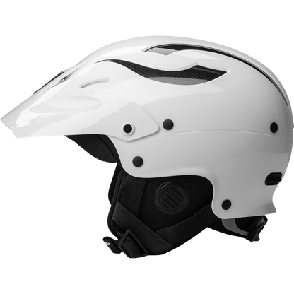 The Rocker Helmet by Sweet Protection is a white protective helmet with black interior padding, ventilation slits, and a chin strap. Designed for adventure enthusiasts, it features TLC Shell Technology to endure the demands of whitewater activities.