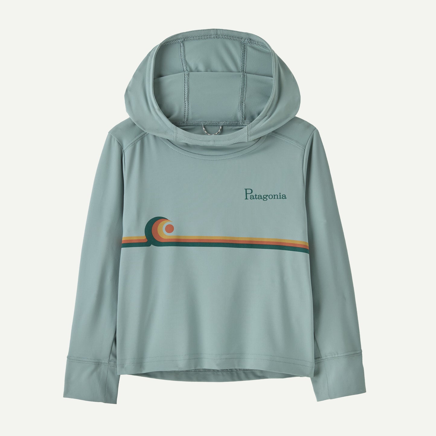 The Patagonia Baby Cap SW Hoody is light blue with a retro-style wave and logo on the front. It features long sleeves, a relaxed fit, and UPF 40+ sun protection for all-day comfort.