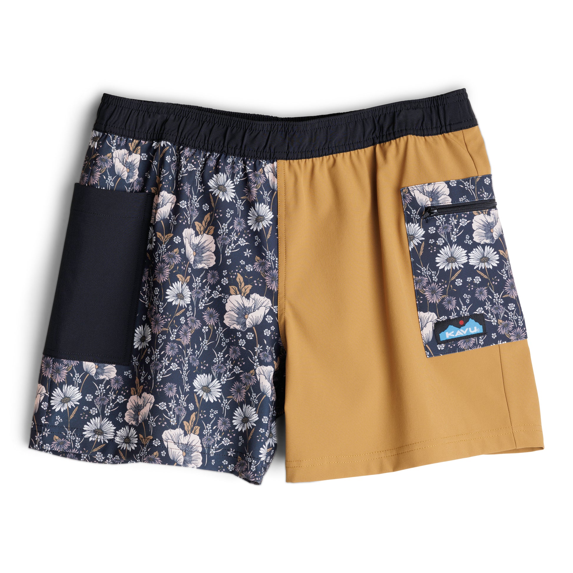 Kavu Leilani Shorts for women by Kavu: quick-dry shorts with an elastic waistband, split design—one side floral print with black pocket, the other solid mustard yellow with a floral pocket and logo patch. Perfect UV protection for summer.