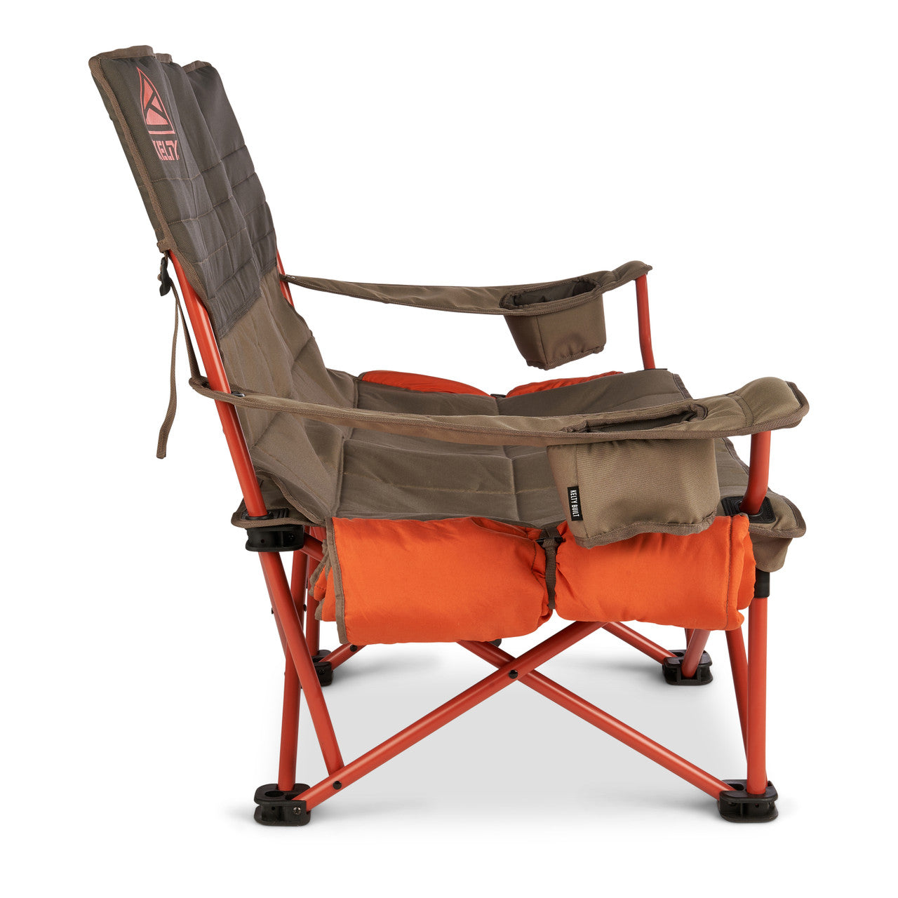 A Kelty camping chair with orange and brown straps.